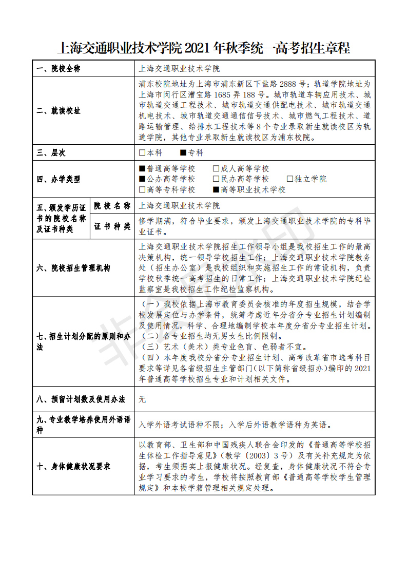 上海交通职业技术学院2021年秋季统一高考招生章程