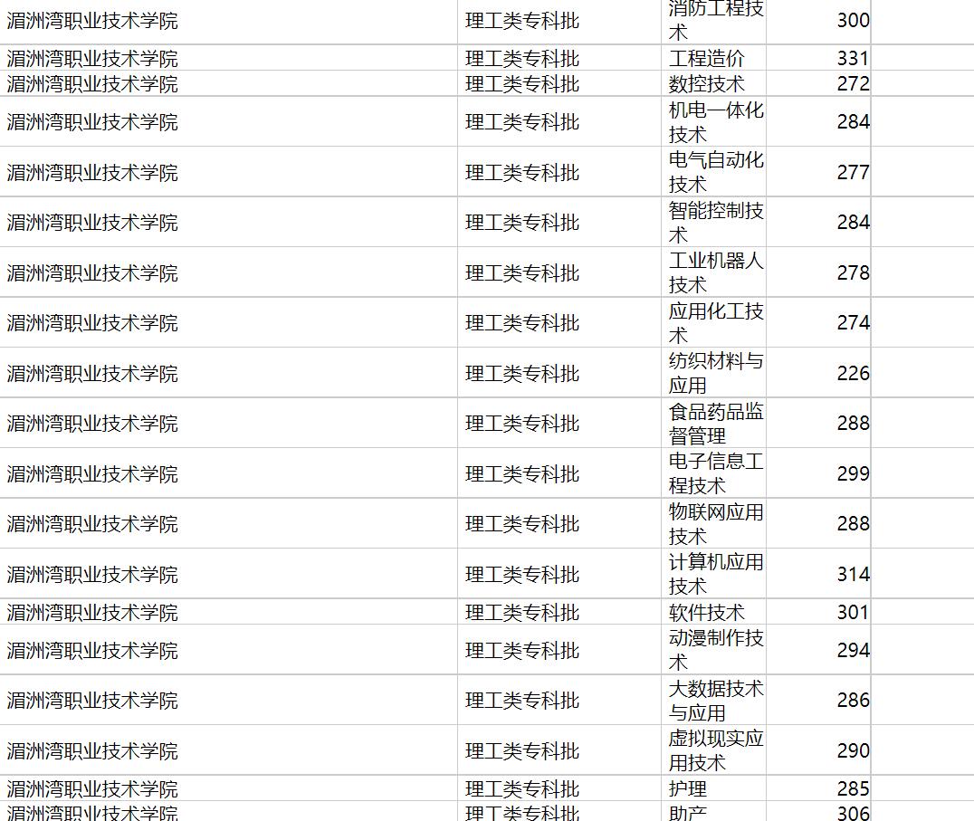 湄洲湾职业技术学院2020年福建专业录取分