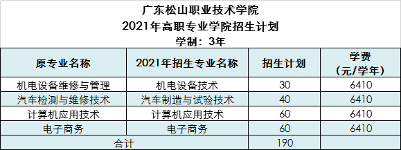 广东松山职业技术学院2021年夏季高考招生计划