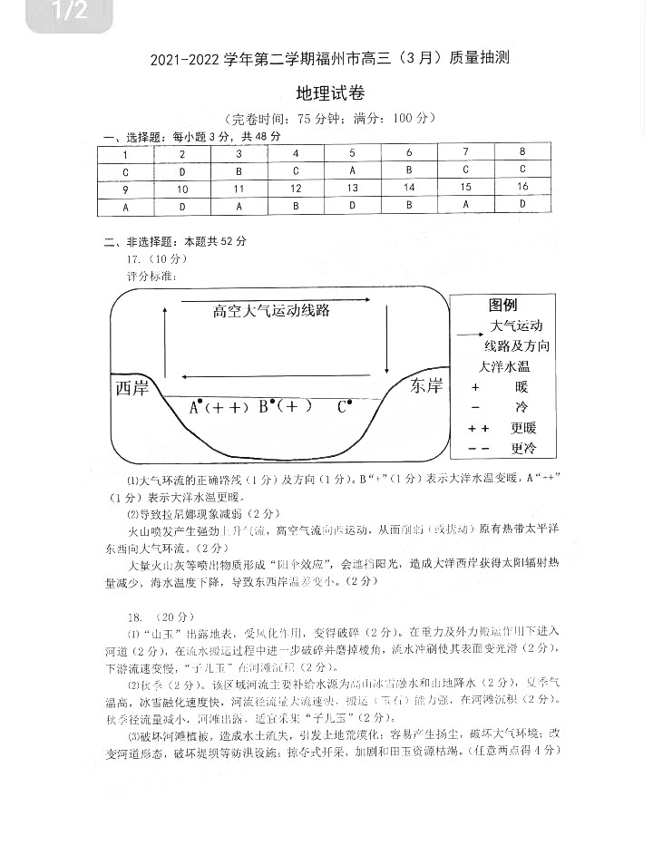 2022年3月福州高三市质检地理试卷及答案 2022年3月福州高三市质检地理试卷及答案