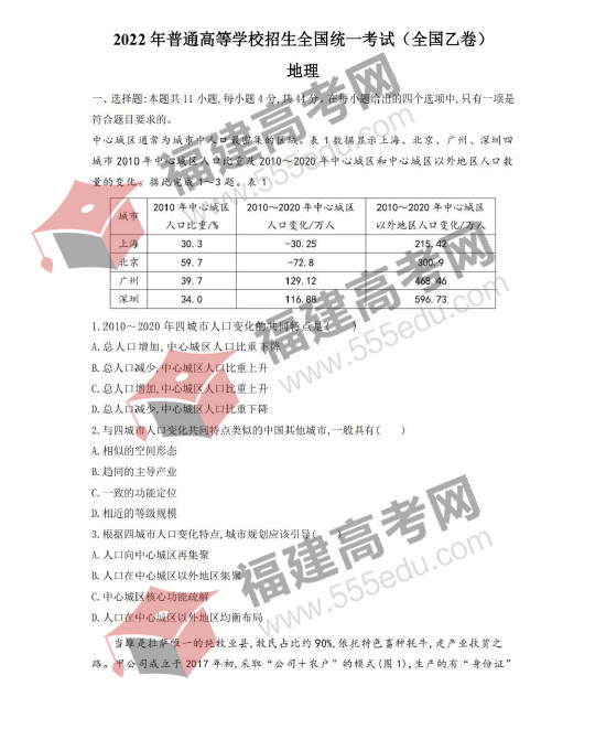 2022年高考全国乙卷文综试题