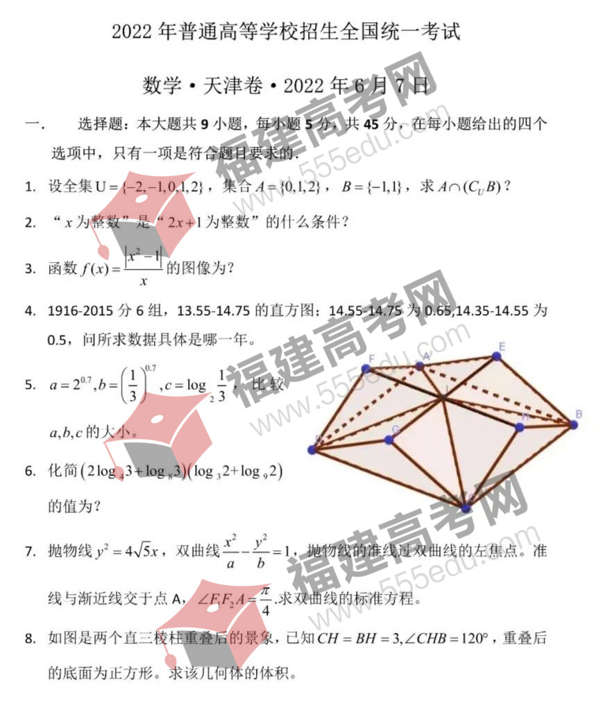 2022年天津高考数学考试真题