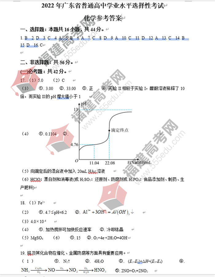 2022年广东高考化学答案 2022年广东高考化学答案