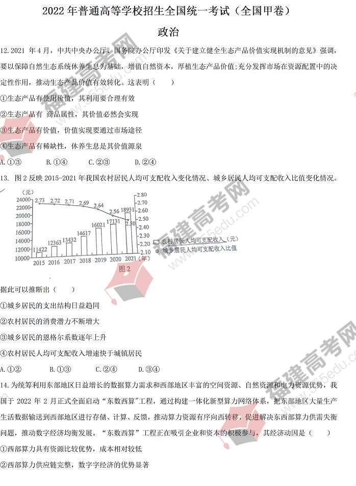 2022年西藏高考文综考试真题 2022年西藏高考文综考试真题
