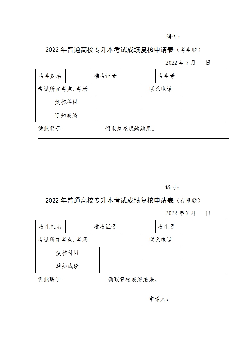 2022年普通高校专升本考试成绩复核申请表 2022年普通高校专升本考试成绩复核申请表