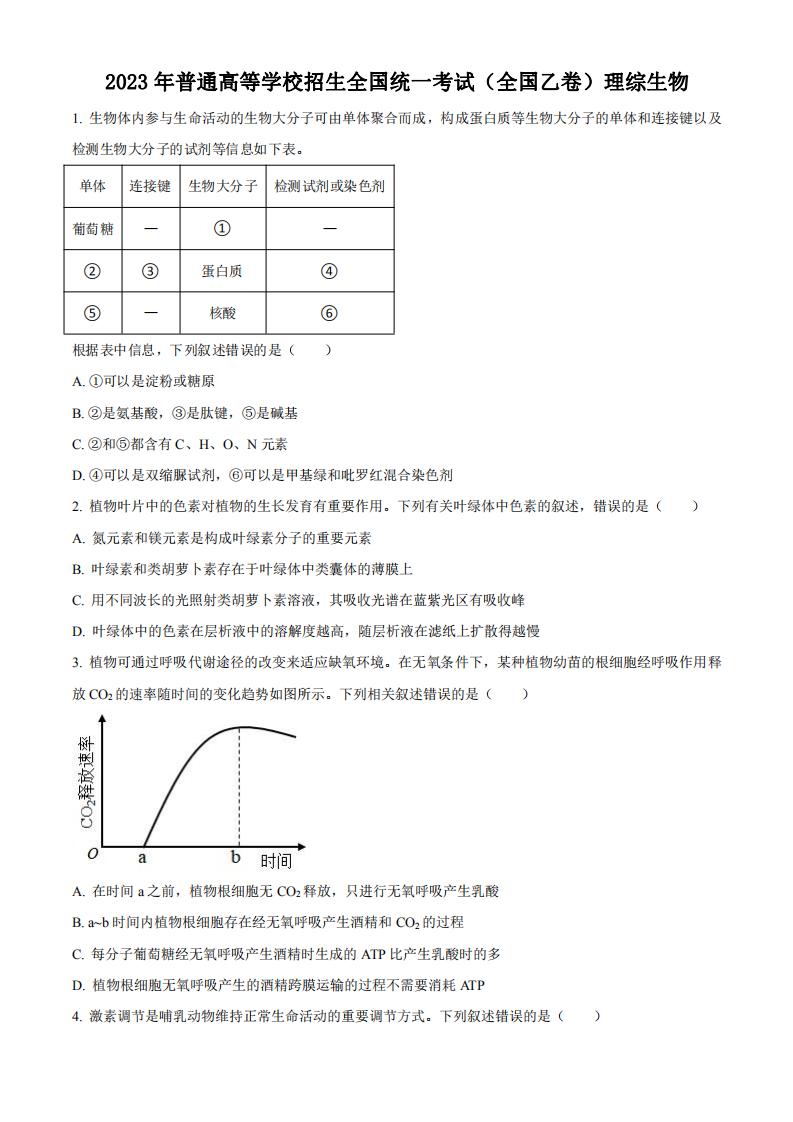 2023年河南高考理综真题