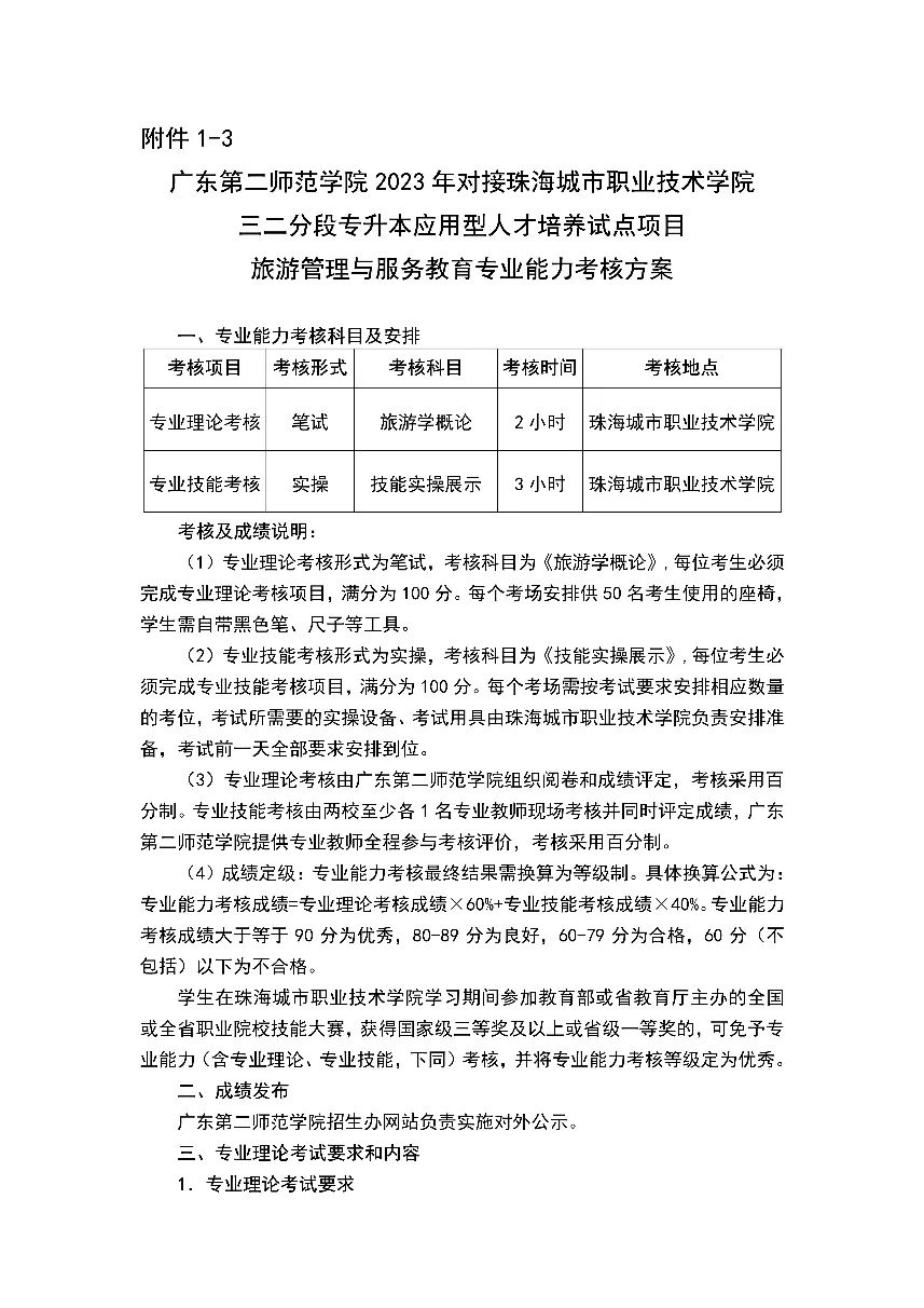 广东第二师范学院2023年三二分段专升本转段专业能力考核方案（旅游管理与服务教育专业）