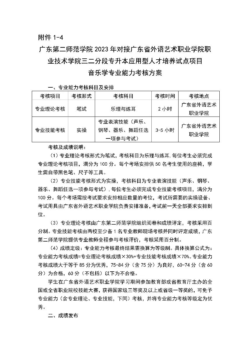 广东第二师范学院2023年三二分段专升本转段专业能力考核方案（音乐学专业）