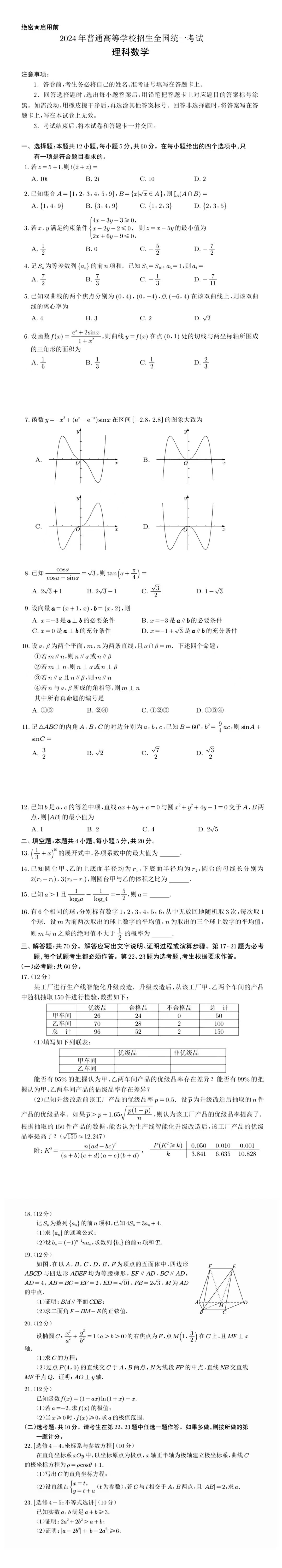 2024年内蒙古高考数学真题(理科) 2024年内蒙古高考数学真题(理科)