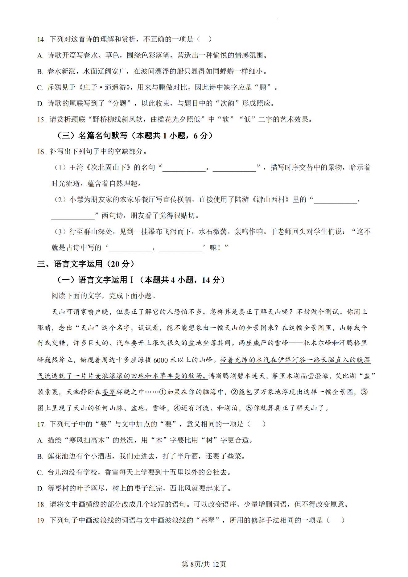 2024年宁夏高考语文真题 2024年宁夏高考语文真题